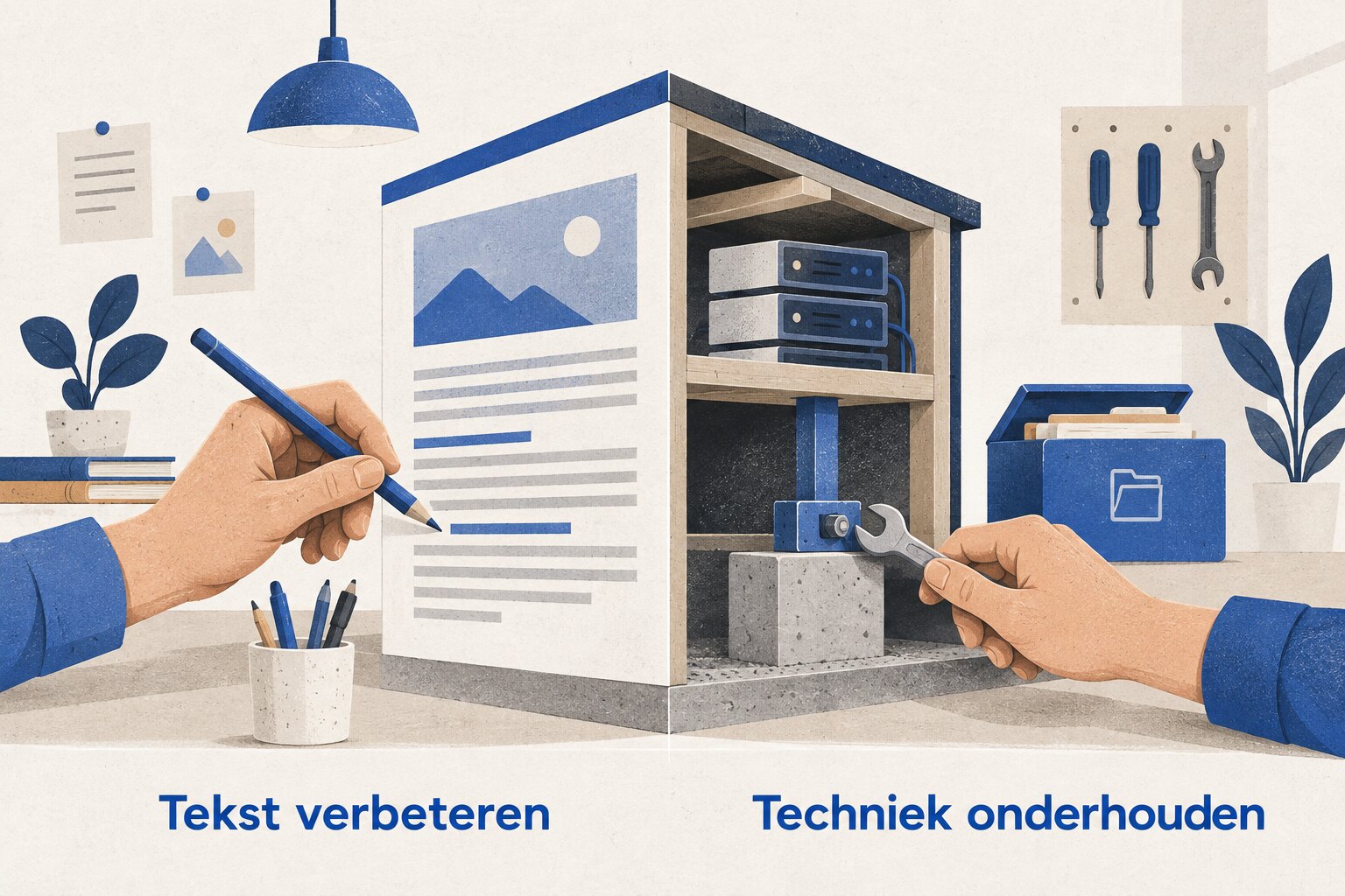 Illustratie van tekstbewerking en technisch onderhoud als twee verschillende taken aan dezelfde website.